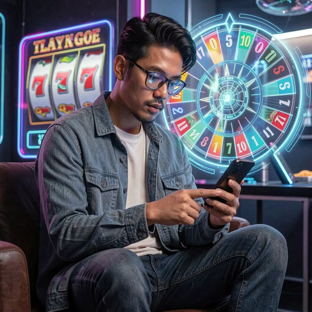 Confident Filipino man checking the NNNPH casino app on his phone with a glowing roulette wheel behind him showcasing modern mobile gaming in the Philippines