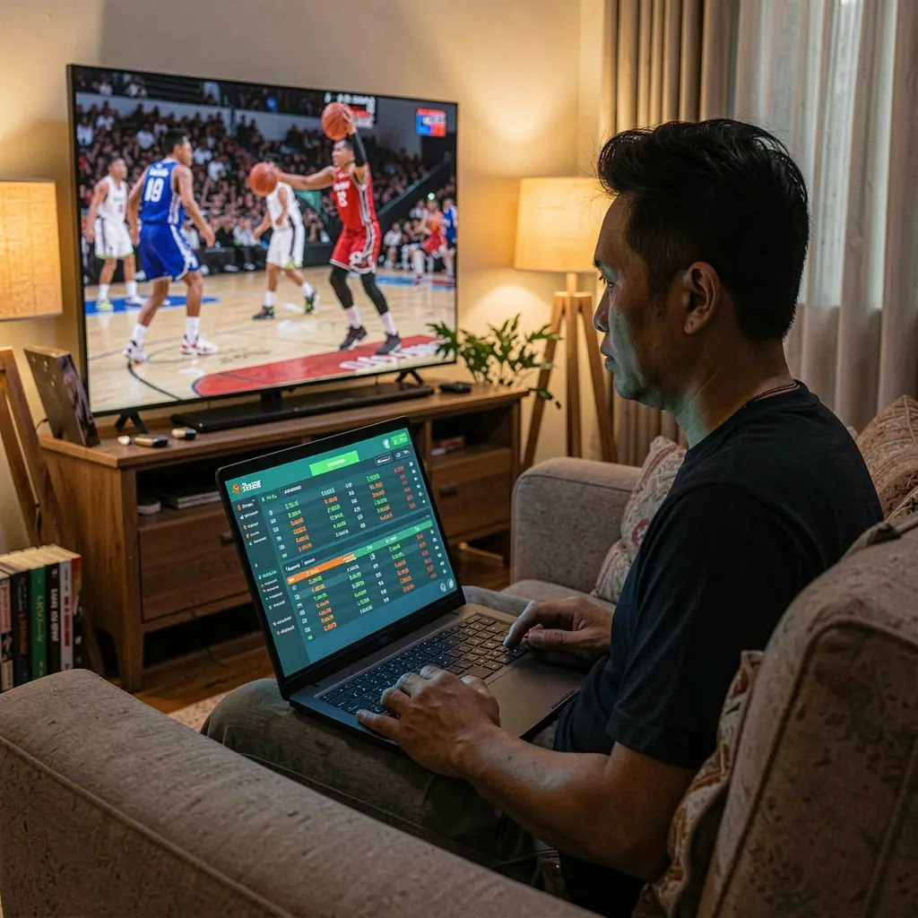 Focused Filipino sports bettor using a laptop with live basketball betting interface from NNNPH while watching a match on TV in a modern living room