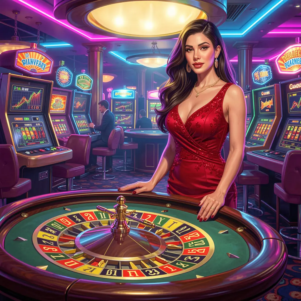 A glamorous woman in a red evening dress standing at the center of a modern casino floor with glowing tables and slot machines representing the premium gaming atmosphere of NNNPH in the Philippines