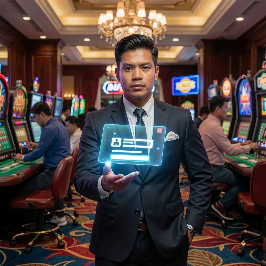 Confident Filipino casino dealer pointing toward a glowing holographic login button in a vibrant gaming atmosphere representing trusted access at NNNPH