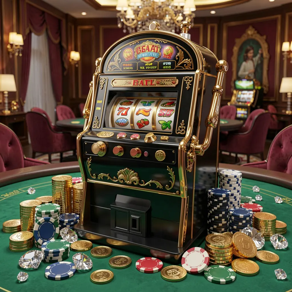 High class slot machine with golden details and flying casino coins representing the rich gaming atmosphere of NNNPH slots for players in the Philippines